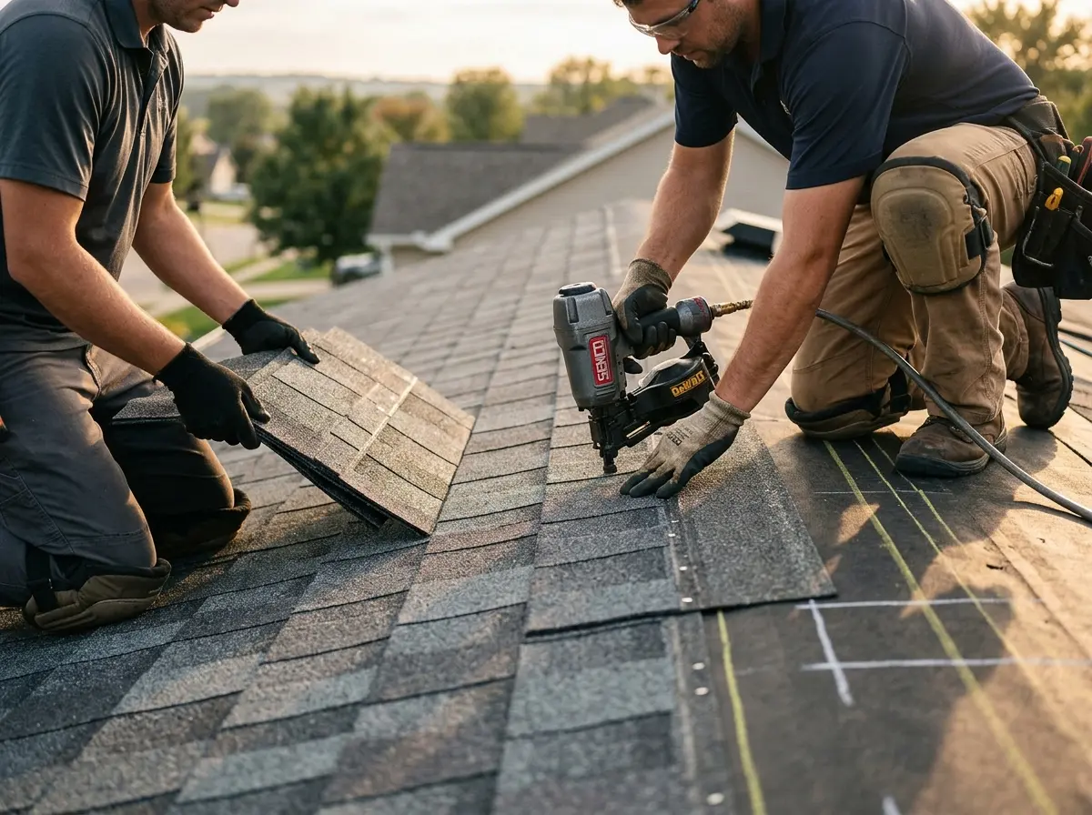 Professional roofer working on a residential roof in Scotia